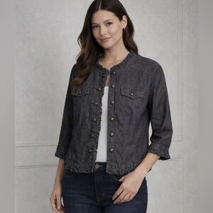 Sandro Paris Gray Denim Jacket Frayed Hem Cropped Sleeve French Designer L